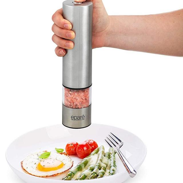 Eparé Salt or Pepper Grinder - Battery Operated Ceramic Burr Peppermill - Stainless Steel - Powerful Mill With LED Light