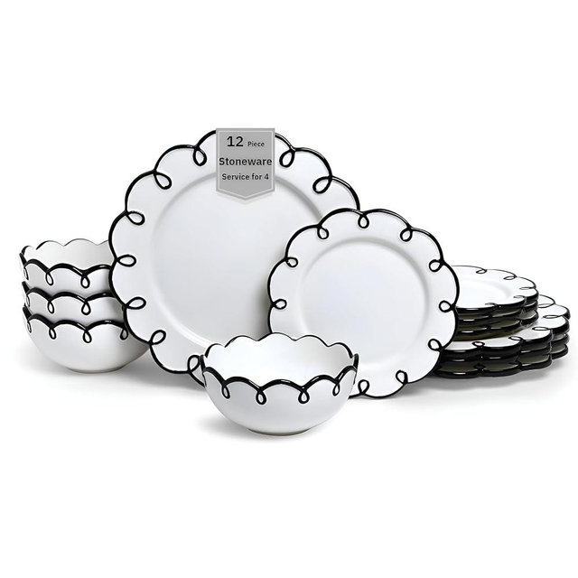 Sango 12-Piece Earthenware Dinnerware Set for 4, Glossy White Plates and Bowls Sets with Black Scalloped Rims, Premium Dish Set, Valentine’s Day Dishes for Gifting & Romantic Hosting, Splash of Cheers