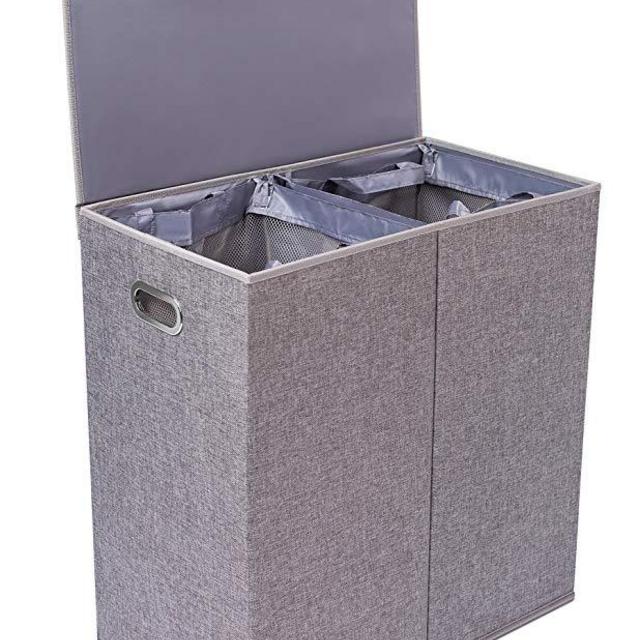 BirdRock Home Double Laundry Hamper with Lid and Removable Liners | Linen | Easily Transport Laundry | Foldable Hamper | Cut Out Handles