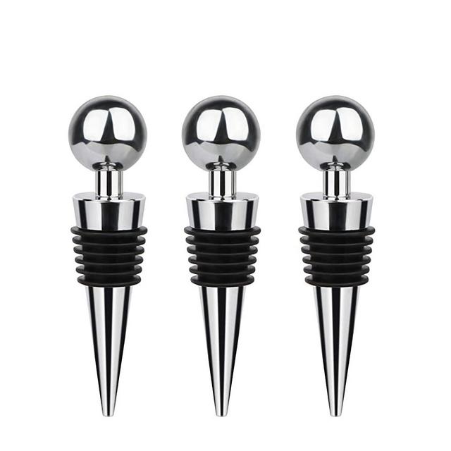 3 Pcs Wine Bottle Stoppers Set/Reusable Bottle Stoppers With Leak Proof Silicone Seal Airtight&Decorative Wooden Head. Used for Gift,Bar, Kitchen, Holiday Party, Wedding Keep Wine Fresh(Silver)