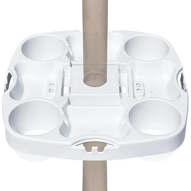 Myard Umbrella Table Tray 15 Inches Pro for Beach, Patio, Swimming Pool with 4 Drink Holders, 4 Snack Grooves, 4 Sunglasses Holes, 4 Phone Slots, 4 Airpods Holes, 2 iPad Slots, 4 Small Bag Hangers