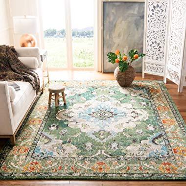Safavieh Monaco Collection MNC243F Bohemian Chic Medallion Distressed Area Rug, 6' 7" x 9' 2", Forest Green/Light Blue