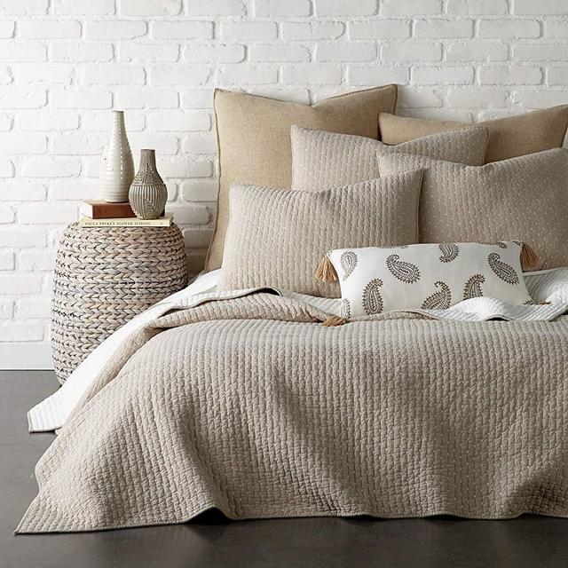 Levtex Home - Cross Stitch Quilt Set - 100% Cotton - Full/Queen Quilt (88x92in.) + 2 Standard Shams (26x20in.) - Taupe