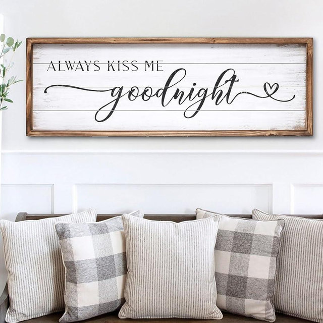 UPPER DECOR Always Kiss Me Goodnight Sign for Bedroom, 42''×15'' Large Above Bed Wall Decor Framhouse Bedroom Sign Bedroom Decor with Solid Wood Frame for Couples, Love Theme Wall Decor