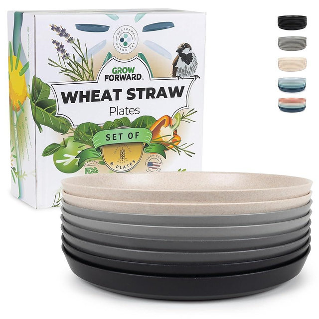 Grow Forward Premium Wheat Straw Dessert Plates - 10 Inch Unbreakable Reusable Microwave Safe Hard Plastic Plates - Deep Dinner Plates Set of 8 for Kitchen, Camping, Patio, RV, Kids - Moonlight