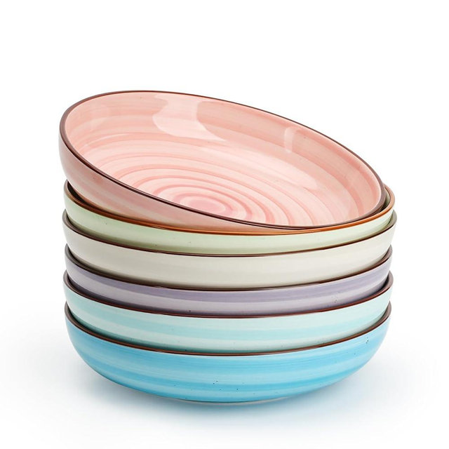 KitchenTour Large Pasta Bowls 34 oz, Ceramic Salad Serving Bowls Set of 6, 8.6 Inch Wide and Shallow Bowl for Soup- Dishwasher and Microwave Safe, Assorted Warm Colors