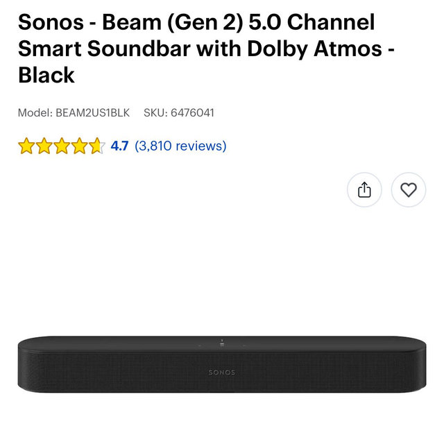 Sonos - Beam (Gen 2) 5.0 Channel Smart Soundbar with Dolby Atmos - Black