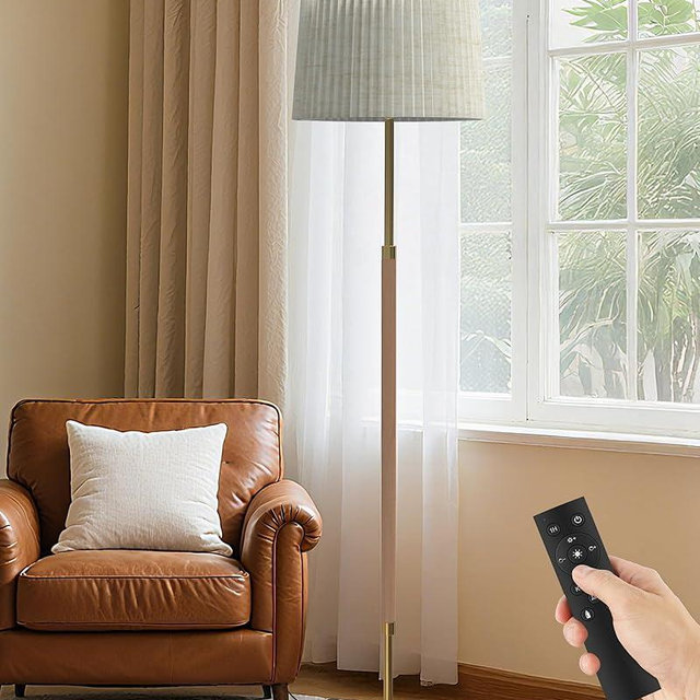 JOOFO Mid-Century Modern Wood Floor Lamp with Dual Fabric Shade, Remote Control, Dimmable & Adjustable Color Temperature, Reading & Living Room Lamp, Easy Clean Cover, Foot Switch,Natural Wood