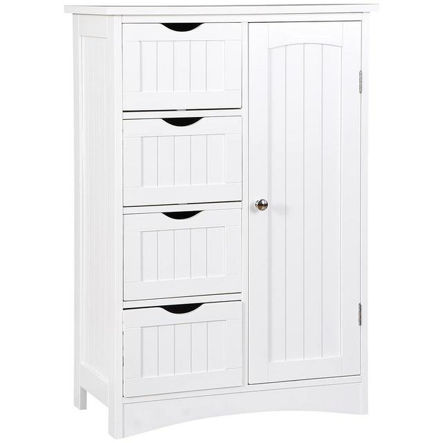 SUPER DEAL Freestanding Bathroom Floor Storage Cabinet with 4 Drawers and Adjustable Shelves, Living Room Entryway Home Furniture Storage Organizer Unit, White