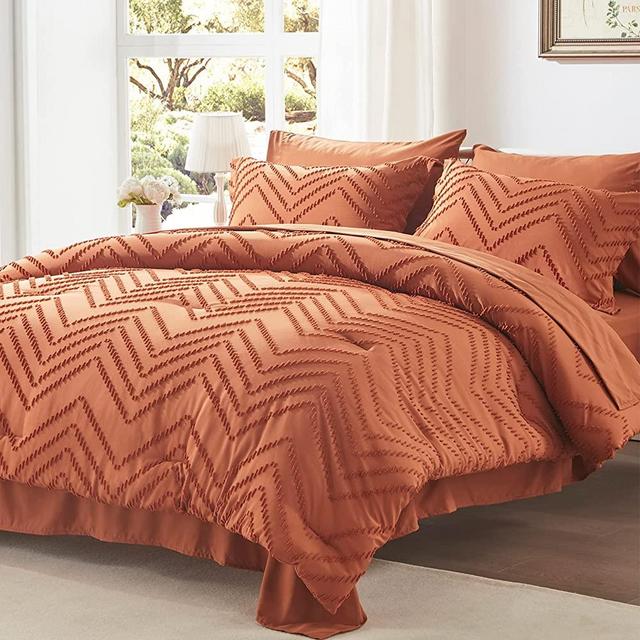 Anluoer Queen Comforter Set, Burnt Orange Tufted Bed in a Bag 7 Pieces with Comforters and Sheets, All Season Bedding Sets with 1 Comforter, 2 PillowShams, 2 Pillowcases, 1 Flat Sheet, 1 Fitted Sheet