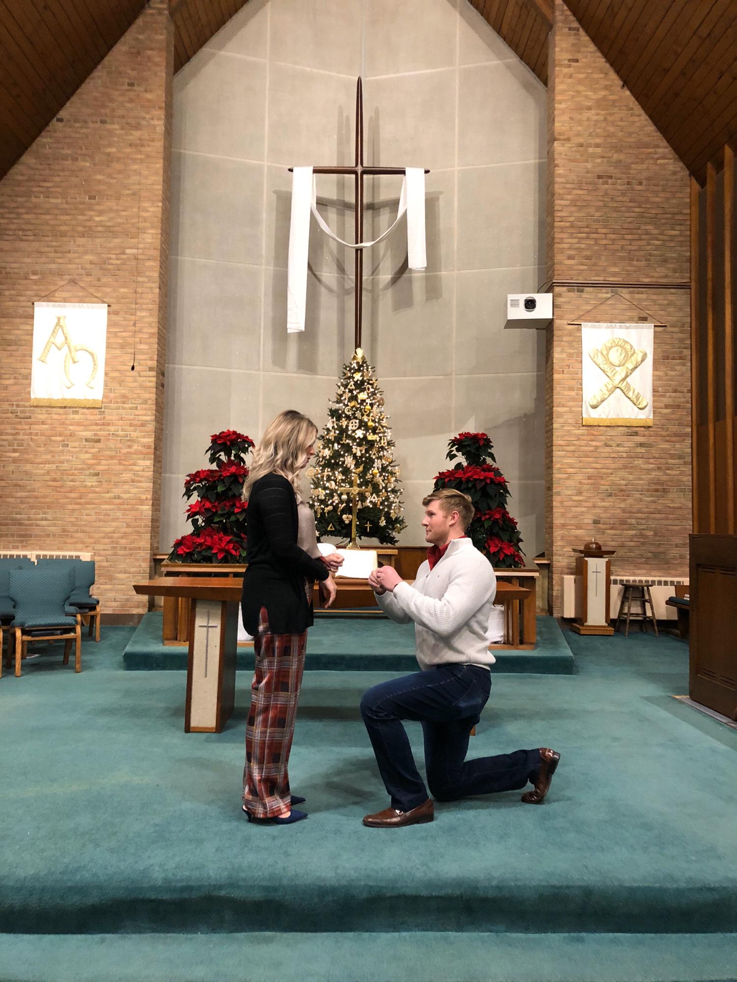 Ryan proposed in Joy's grandparents' church after the Christmas Eve Candlelight service in 2019. Joy's Ahma married them immediately after.