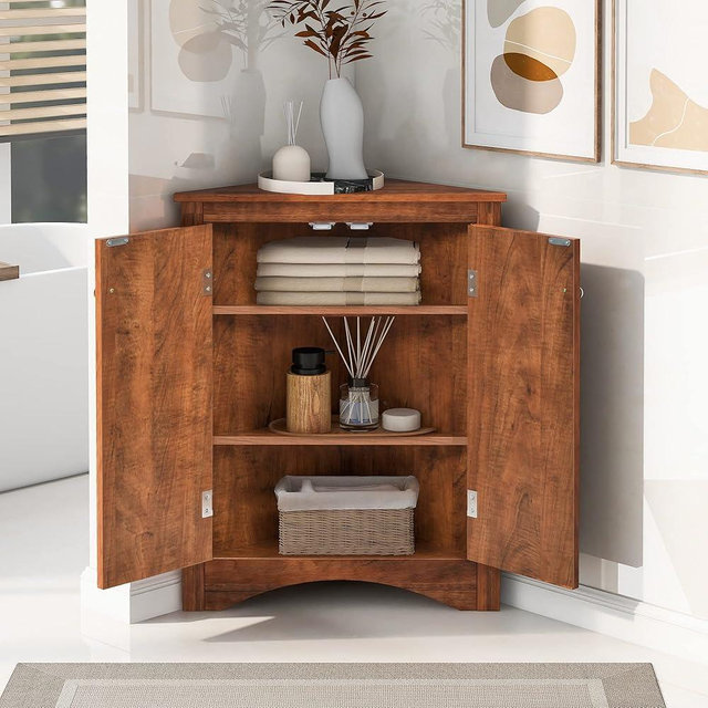 Harper & Bright Designs Brown Triangle Bathroom Storage Cabinet with Adjustable Shelves, Freestanding Floor Cabinet for Home Kitchen
