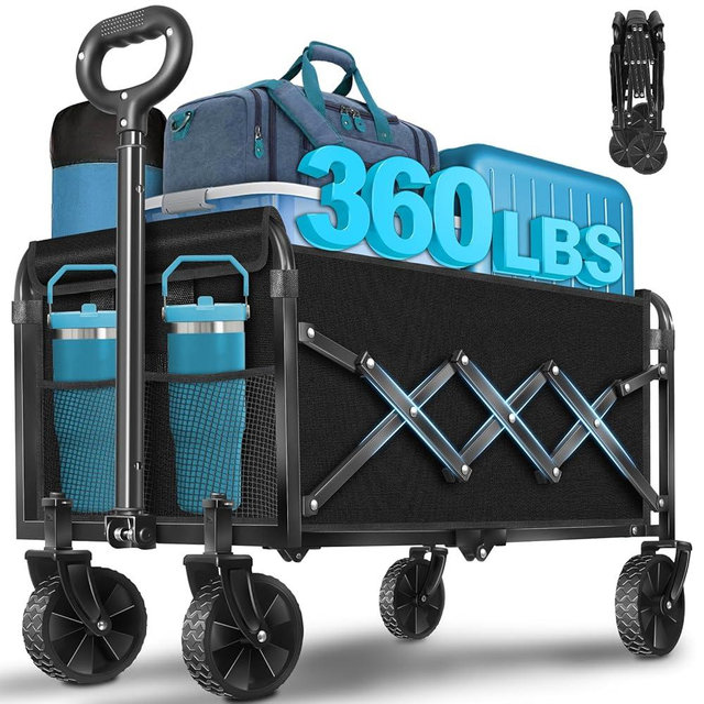 Collapsible Wagon Cart with Wheels Foldable: 360LBS Heavy Duty Folding Utility Wagon - Portable All Terrain Grocery Wagon Cart for Groceries Shopping Outdoor Camping Fishing Sports (Dark Black)