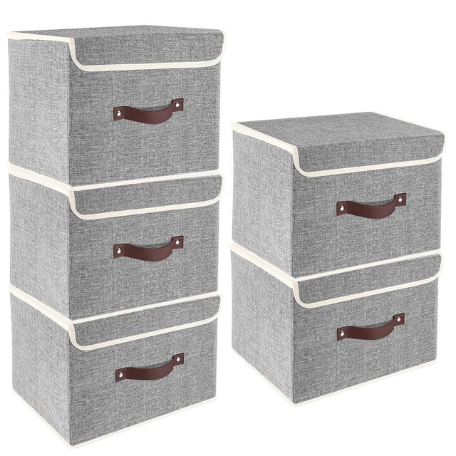 TYEERS Foldable Storage Boxes with Lids 5 Pack Fabric Storage Bins with Lids, Closet Organizers for Clothes Storage, Room Organization, Office Storage, Toys - Gray