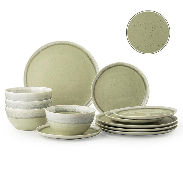 Dafuceramic Plates and Bowls Sets, 12 Pieces Grass Green Dinnerware Sets for Kitchen, Reactive Glaze Dishes Set for 4, Dishwasher and Microwave Safe, Series Starflecked Shore (Grass Green)