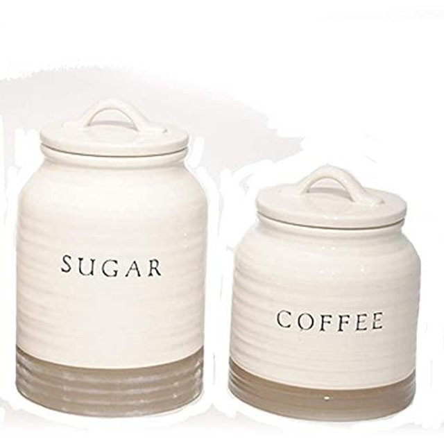 Ceramic Cream & Tan Kitchen Canister Set - Flour, Sugar, Coffee & Tea