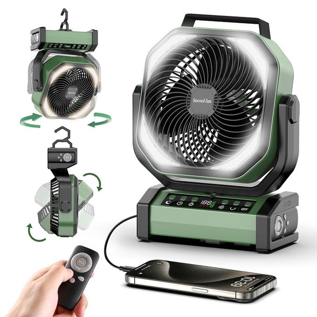 Socool Camping Fan with Light - 20000mAh Rechargeable Battery Fan, 112Hrs Max Run Time, 9 Speeds, Digital Display, Timer, Auto Oscillation, 270° Pivot & Hook for Camping, Power Outage, Hurricane