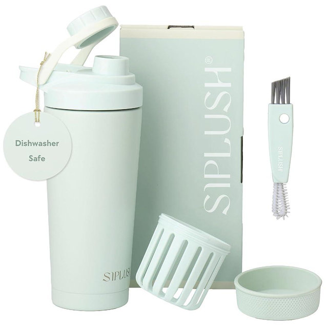 SIPLUSH Paradise Shaker Bottle 24 oz, Insulated Stainless Steel Protein Shaker, Dishwasher Safe, with Lid Brush & Protective Boot, Leakproof Twist-Off Chug Cap, Sage Green, Tahoe Mist