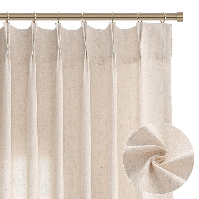 Cream Beige Pinch Pleated Linen Curtains 84 Inch Length 2 Panels for Living Room Bedroom Semi Sheer Pleat Drapes with Hooks Neutral Farmhouse Light Filtering Privacy Window Curtain 84 Inches Long