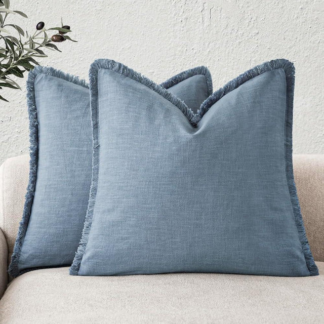 Foindtower Set of 2 Decorative Linen Fringe Throw Pillow Covers Cozy Boho Farmhouse Cushion Cover with Tassels Soft Accent Pillowcase for Couch Sofa Bed Living Room Home Decor, 16×16 Inch, Misty Blue