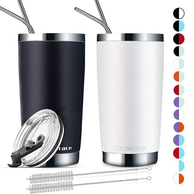 Zonegrace 2 Pack 20oz Insulated Tumbler cups with Lids and Straw, Stainless Steel Vacuum Double Wall Travel Tumbler, Durable Insulated Coffee Travel Mug, Thermal Cup with Splash Proof Sliding lids