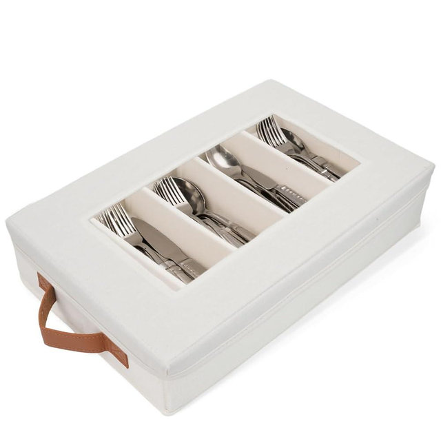 HOMELUX THEORY Flatware Storage Hard Shell China Storage Containers - Ivory Silverware Organizer, Cutlery & Silverware Storage Box with 5 Dividers & Lid, Packing Heavy Duty Moving Box with Handles