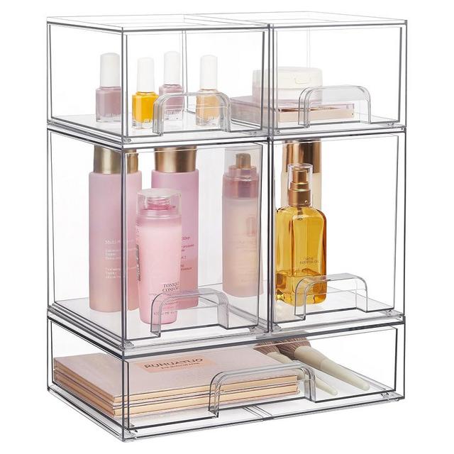 Vtopmart Stackable Storage Drawers Set of 5, 12" Wide and 4.4''&7.6'' High Clear Plastic Organizer Bins for Beauty Supplies,Ideal for Vanity, Bathroom,Cabinet,Pantry Organization