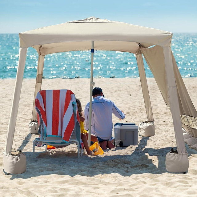 AMMSUN Beach Cabana, 6.2'×6.2' Beach Canopy, Easy Set up and Take Down, Cabana Beach Tent with Sand Pockets, Instant Sun Shelter with Side Wall, Vintage Beige