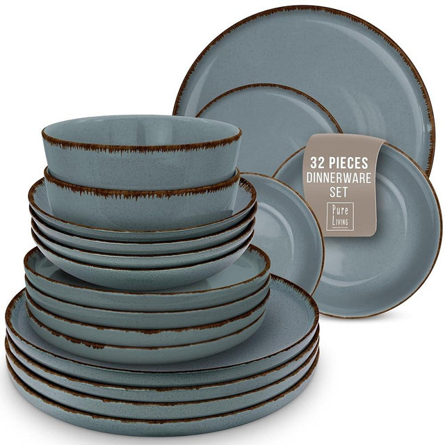 Stoneware dinnerware set 8 persons Rustic 32 pcs - Rustic design dinnerware set, dishwasher safe - Bowl and plate set - Pure Living dinnerware in smoky blue…