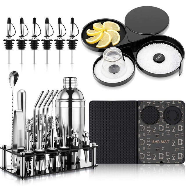 Acellegic 28 Pcs Cocktail Shaker Set and Bartender Kit with Stand, 18 x 12 Inch Folding Bar Mat with Cutting Board, 3 Tier Bar Glass Rimmer, Liquor Pour Spout Bartender Tool Gift for Home and Mixology
