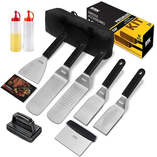 RüK Griddle Accessories, 11 Pcs Anti-Scalding Long Handle Flat Top Griddle Accessories Set with Professional Metal Spatula, Griddle Scraper, Cleaning Kit, E-Cookbook for Blackstone and Camp Chef…