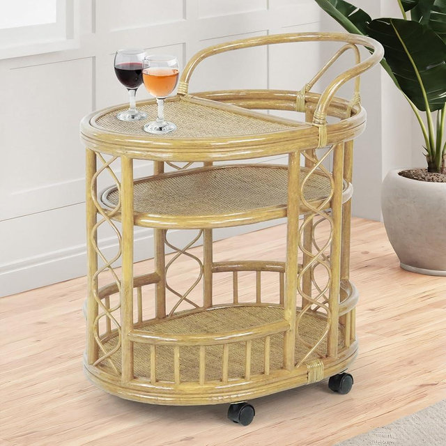 Serving Cart Handmade Woven Natural Rattan Wicker with Wheels Fully Assembled Natural Color
