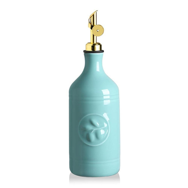 Sweejar 16 Oz Ceramic Olive Oil Dispenser Bottle, Oil Dispenser for Kitchen with Gravity Spout, Relief Opaque Vinegar Container for Evoo, Soy Sauce, 1 Pack(Turquoise, Gold Spout)