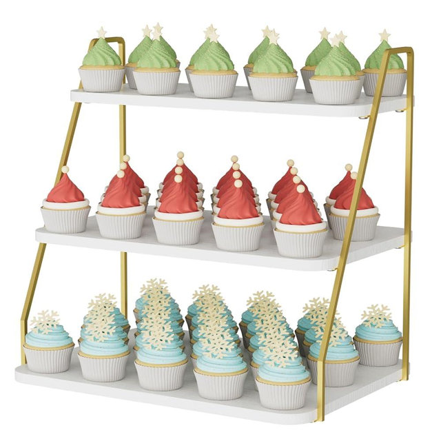 VyGrow Cupcake Stand, 3-Tier Dessert Stand for 55 Cupcakes, Wood & Metal Tower Display Premium Holder Dessert Tree Tower for Christmas Birthday Weddings Party Decor, Serving Tray (White & Gold)