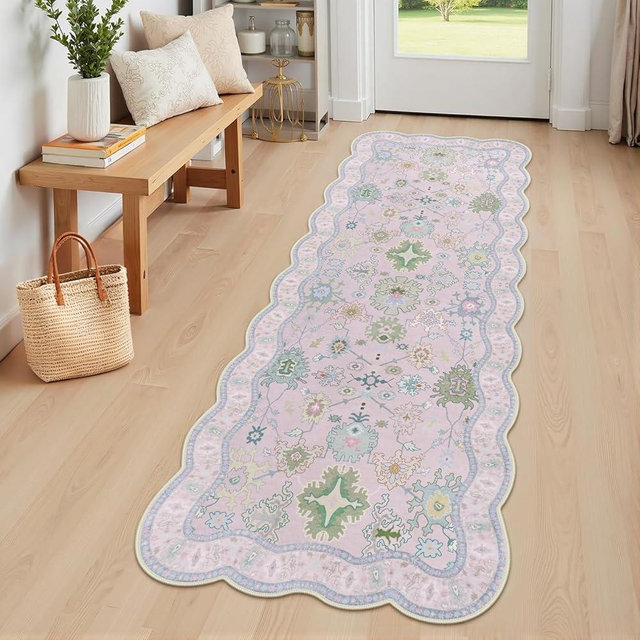 LORWER Pink 2x6 Runner Rug, Machine Washable Non Slip Vintage Floral Hallway Runner Rug, Soft Low Pile Stain Resistant Carpet for Nursery Kitchen Bathroom