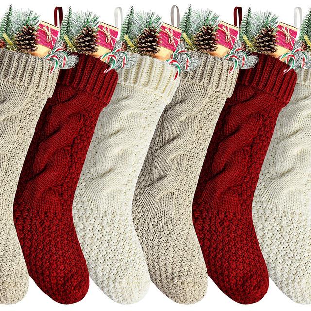 Burgundy, Ivory, & Khaki Knitted Stockings, 6 Pack