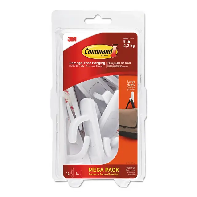 Command General Purpose Hooks 5lb Capacity Plastic White 14 Hooks 16 Strips/Pack 17003MPES