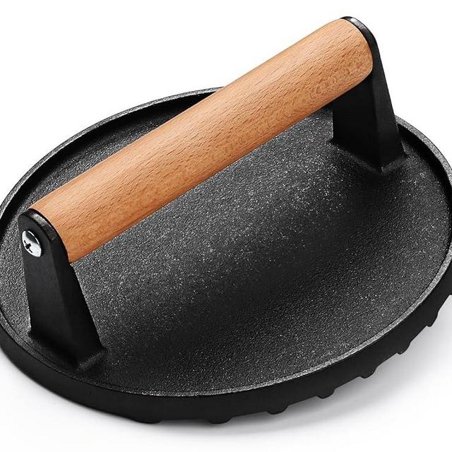 AIVIKI Burger Press, Smash Burger Press for Blackstone Griddle, Heavy Duty Cast Iron Round 6.9In Bacon Grill Press with Wood Handle, Meat Steak Weight for Sandwich, Paninis (Round)