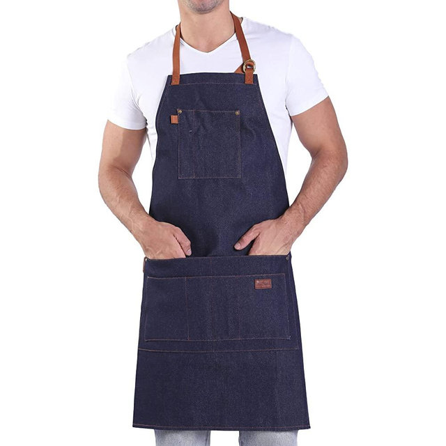 Denim Apron with Pockets Blue Tall Bib Apron with Long Ties Adjustable M to XXL - Gifts for Men Dad Mom Women
