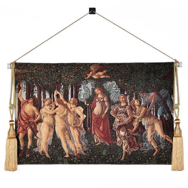 Medieval Vintage Tapestry Wall Hanging - Botticelli's Spring Art Replica, Jacquard Woven Aesthetic Complete Set with Tassels, Telescopic Rod, Rope & Hooks for Bedroom & Living Room Decor (42"x27")