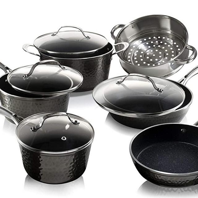 Granitestone Diamond 10 Piece Nonstick Pots and Pans Set with Platinum Hammered Exterior, Mineral & Diamond Infused Ultra Nonstick, Dishwasher Safe Cookware Set, Induction Capable, As Seen on TV