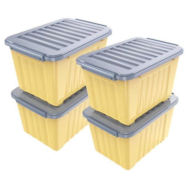 Nazhura Plastic Storage Bin, Stackable and Nestable Storage Boxes with White Lids and Secure Latching Buckles, Large Storage Container (Yellow/Purple, 72Quart-4Pack)