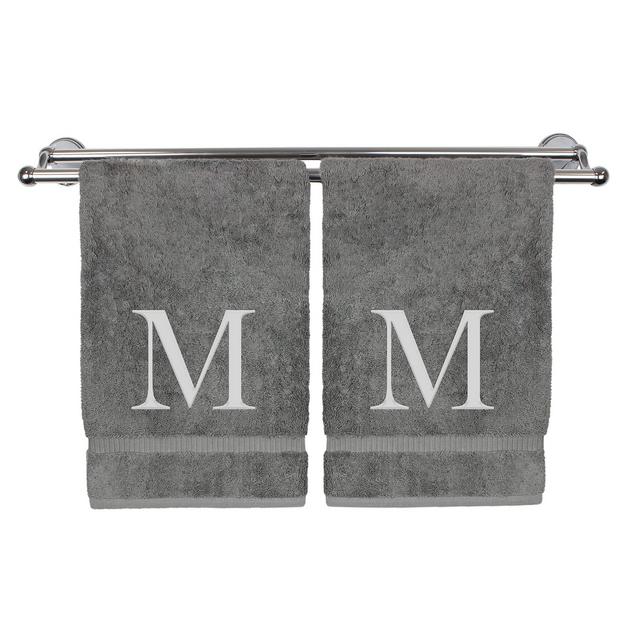 Monogrammed Hand Towel, Personalized Gift, Set of 2- Silver Block Letter Embroidered Towel - Extra Absorbent 100% Turkish Cotton - Soft Terry Finish - Initial M Gray