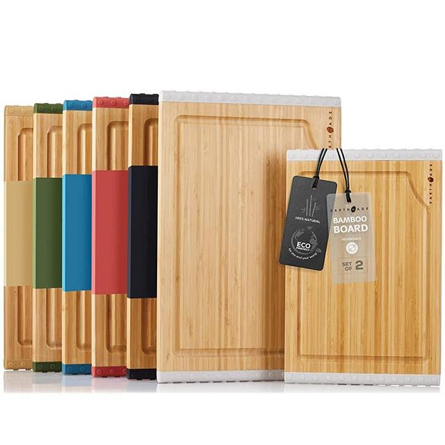 All-Solution Wood Cutting Boards,Bamboo Chopping Board with Juice Grooves,Set of 2 Reversible Nonslip Silicone Edges,