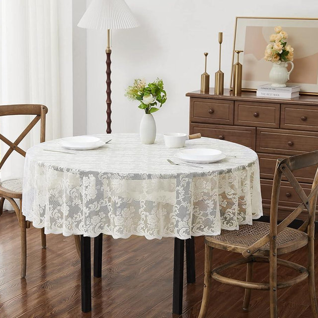 LinenZone Small Ivory Round Tablecloth for Rustic Vintage Decor. Sheer Lace Table Cloth Works Great As Wedding Tablecloth or Thanksgiving Table Cover. (Mia 36 Round, Ivory)