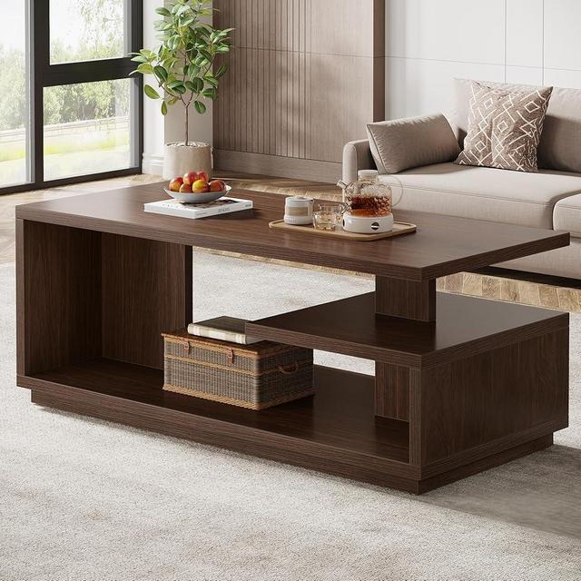 Tribesigns 47.24" Coffee Table with Storage Shelf, Mid-Century Modern Center Table, 3-Tier Rectangle Wooden Tea Table with Thick Base for Living Room, Walnut