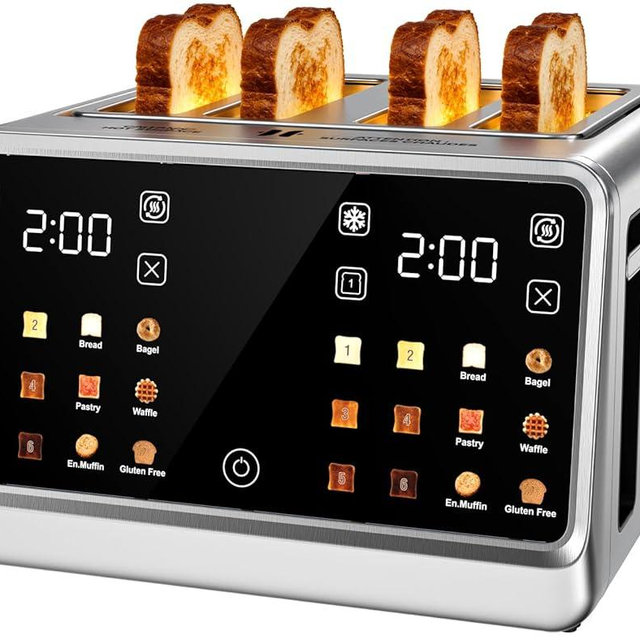4 Slice Toaster Wide Slot– Dual Digital TouchScreen & Independent Control Panel | Single-Slice Modes/Reheat/Defrost | 1800W Stainless Steel Toaster for Bagels & Artisan Bread