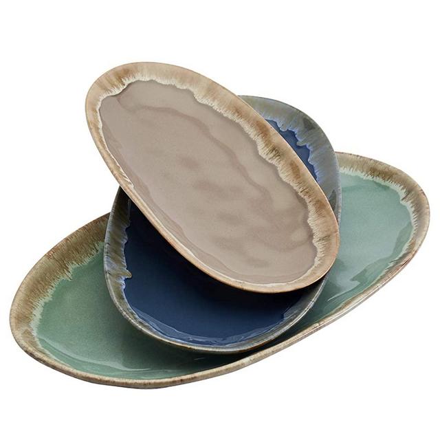 Tabletops Gallery Tuscan Reactive Glaze Stoneware Collection- Platter Serving Bowl Mixing Bowl Mug, Tuscan 3 Piece Oval Serving Platter Set (Blue, Green, and Brown)