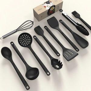 Silicone Cooking Utensils Set - 600°F Heat Resistant, Nonstick Kitchen Utensil Set with Spatulas, Spoons, Whisk, Tongs, BPA Free, Dishwasher Safe, Black
