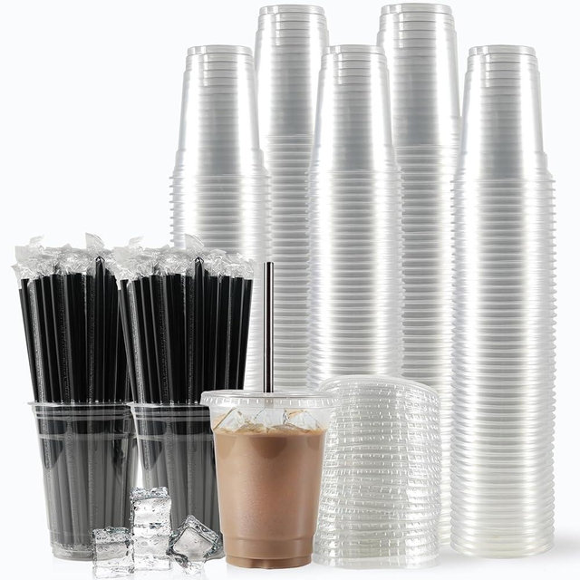 WUHUIXOZ [200 Sets - 12oz] Plastic Cups with Lids and Straws, Disposable Cups for Iced Coffee, Smoothie, Milkshake, Cold Drinks - Clear